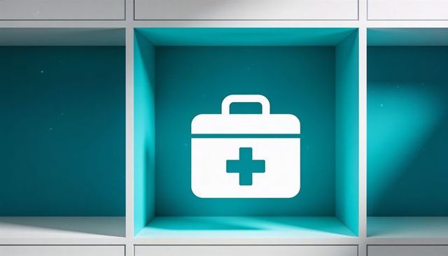 Minimalist first aid kit icon showing in teal recessed cubby on white modular shelf grid