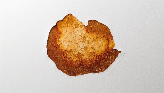 Peeling paint patch revealing stained plaster rust mottled texture with curled flakes