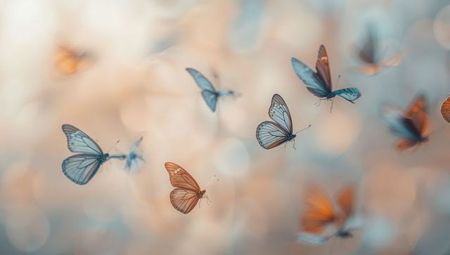 Pastel butterflies fluttering in bokeh light with translucent wings and dreamy motion