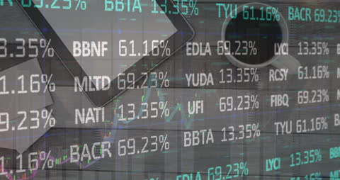 Digital Finance Display with Tablet and Coffee