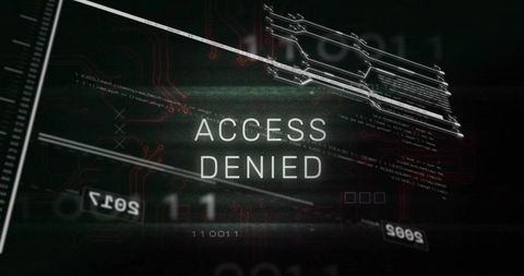 Access denied cybersecurity interface with circuit traces, binary code and wireframe ui