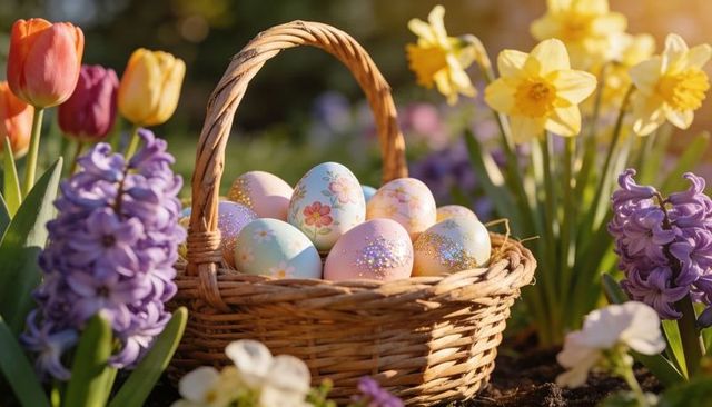 Wicker basket of hand-painted pastel easter eggs with glitter among spring blooms
