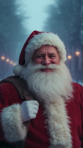 Santa smiling through snowfall on forest path, carrying satchel — vertical mobile video