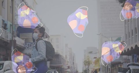 Urban commuter amidst pulsating masks in city street