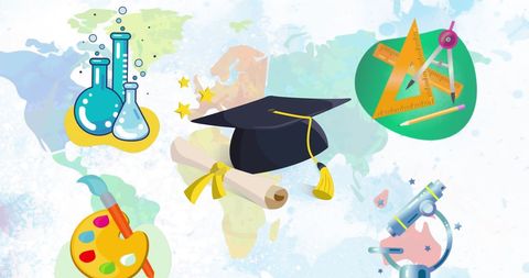 Educational icons featuring science math art on world map