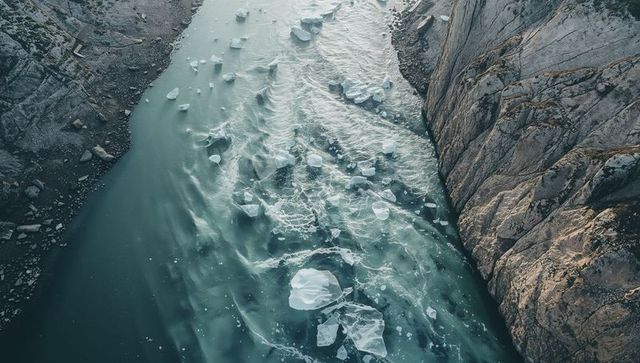 Aerial view of glacial river winding through narrow rocky gorge with drifting icebergs