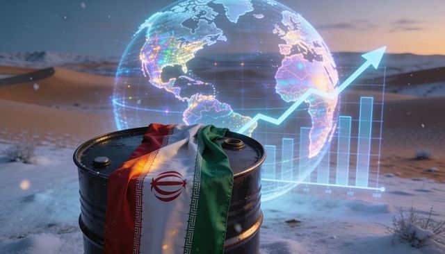 Iranian oil barrel draped with flag on snowy desert at dusk with rising global hologram