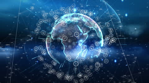 Digital Globe with Network Icons on Black Background