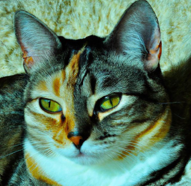 Close up of tabby cat with green eyes looking past camera. Domestic pet cat portrait.