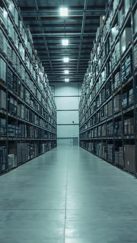 Vertical warehouse aisle glide moving forward through industrial pallet racking and stacked boxes