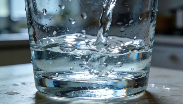 Pouring clear water into glass on kitchen counter capturing flow, bubbles and droplets