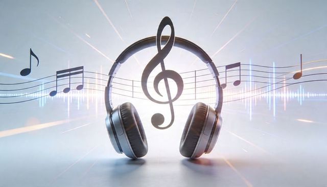 Silver black over-ear headphones framing treble clef with floating musical notes
