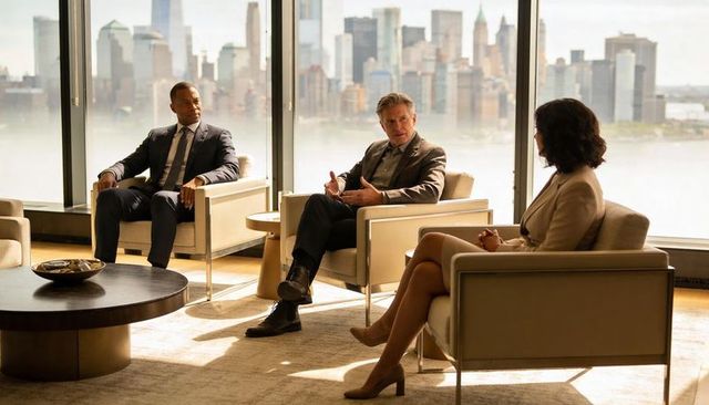 Executives discussing strategy in modern office lounge with panoramic city skyline view