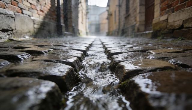 Rain-soaked cobblestone alley with central rivulet, brick walls, moss and reflections