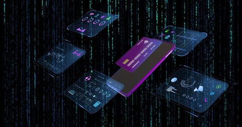 Floating holographic smartphone with digital card, contactless payments, cyber dashboards