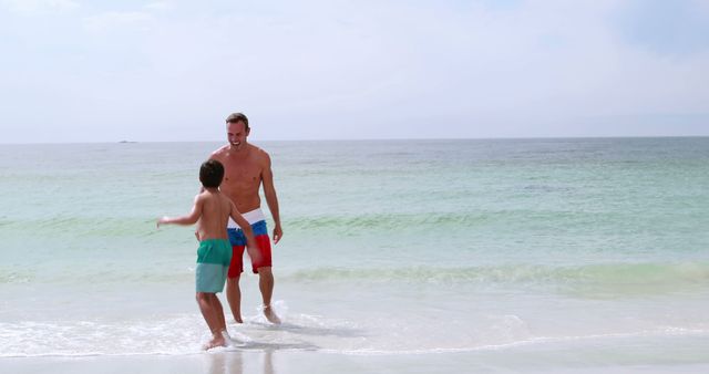 Father playing with his son on the shore of a serene beach. Both are enjoying summer holidays by the ocean. Ideal for use in family vacation advertisements, summer activity promotions, and content related to parental bonding and outdoor fun.
