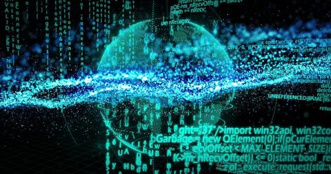 Glowing 3D Digital Globe Cutting Neon Particle Ribbon with Floating Code and Dataflow