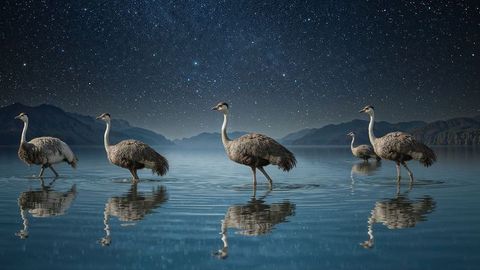 Nocturnal flightless emu waterbirds wading under starry sky reflecting tranquility