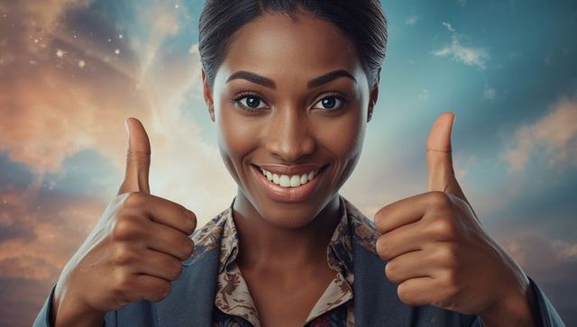 Confident Businesswoman Giving Thumbs-Up with Pastel Sky Backdrop