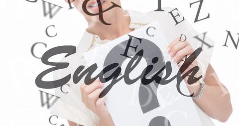 Education concept with woman holding question sign and english letters