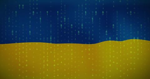 Binary Code Overlay on Ukraine Flag for Digital Concept