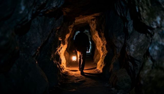 Explorer carrying lantern navigating narrow rocky tunnel casting warm light