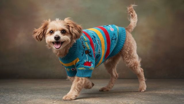 Happy small tan dog wearing colorful striped knit sweater walking in studio portrait