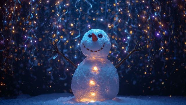 Festive snowman glowing in winter night with streamers and lights