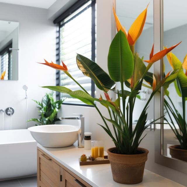 Bright and clean modern bathroom featuring potted Paradisaea plant on vanity. Large mirror reflects light, adding to open feel. Ideal for blogs on interior decorating, promoting clean living spaces, or spa-like home environments.