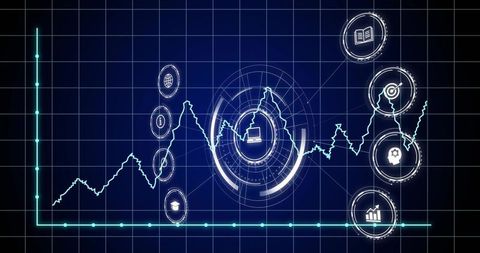 Futuristic HUD Data Dashboard Neon Line Graph Overlaid on Grid with Laptop Analytics Focus