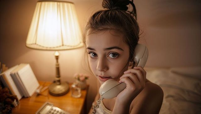 Teenage girl talking on corded phone beside bed with warm lamp glow