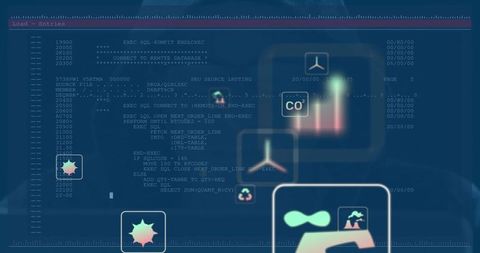 Futuristic HUD Overlay Showing Monospaced Code, CO2 Badge, Bar Charts and Network Connectors