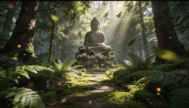 Moss-Covered Buddha Statue Sitting in Sunlit Forest Clearing with Fern-Lined Stone Path