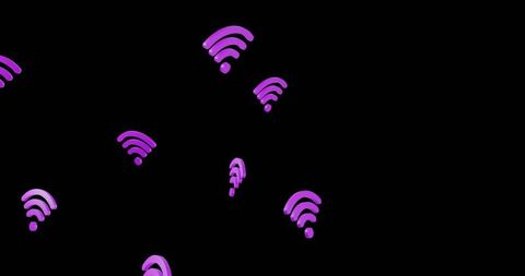 Floating violet wifi signals drifting through black void glossy 3d network icons minimal