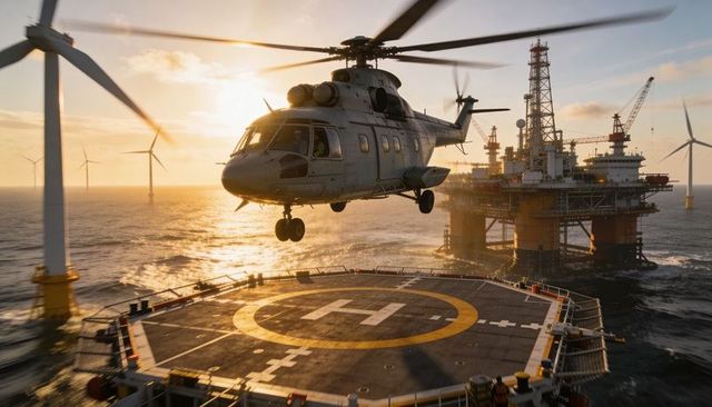 Offshore helicopter landing on vessel helipad at sunset with oil platform and windfarm