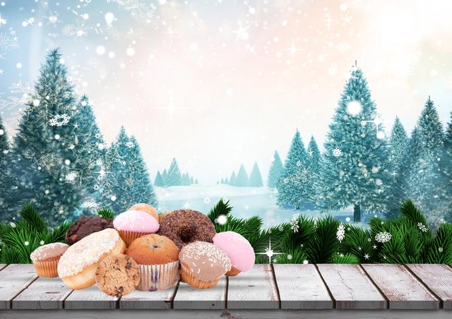 This image portrays a delightful assortment of cupcakes with various flavors and decorations, placed on a wooden table. The background showcases a serene winter wonderland with snow-covered pine trees and sparkling snowflakes. Perfect for holiday greeting cards, festive advertisements, seasonal blog posts, or bakery promotion.