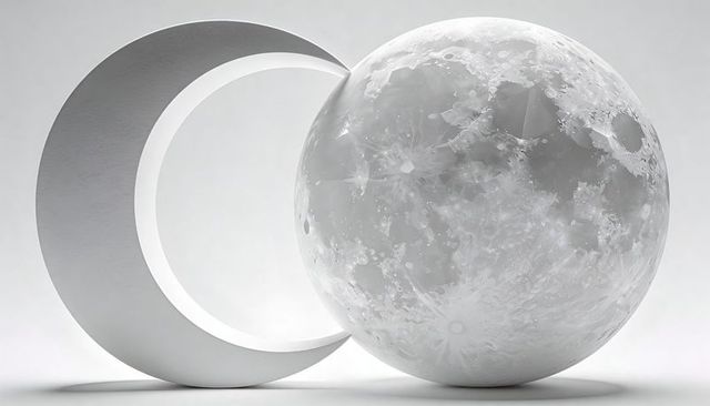 Minimal monochrome crescent embracing detailed lunar sphere sculpture with soft shadows