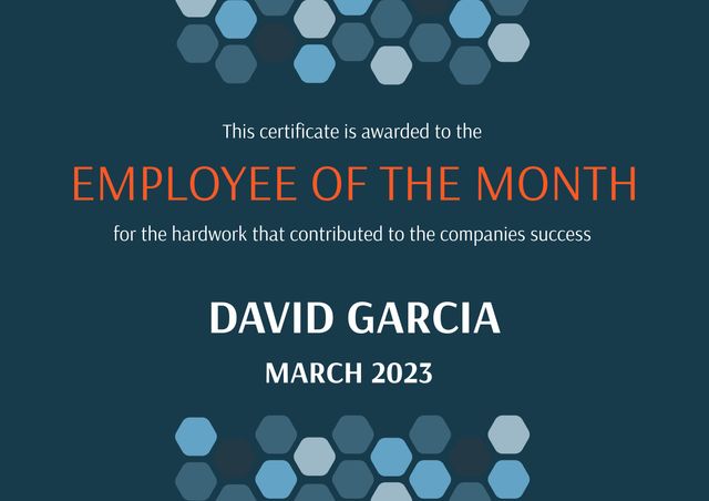 This image features an Employee of the Month certificate with modern design elements, including blue tones and hexagon patterns. Ideal for use by HR departments, corporate communication teams or businesses to create visually appealing awards for employee recognition, boosting morale and acknowledging hard work and achievements.