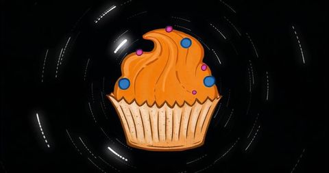 Whimsical Cartoon Cupcake Floating in Space with Colorful Sprinkles