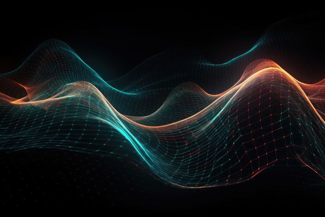 Abstract orange and blue wavy lines on black background, created using generative ai technology. Abstract, colour and shape concept digitally generated image.