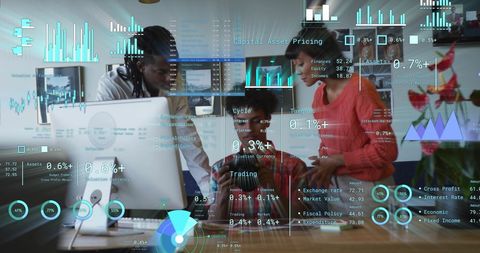 Financial Data Overlay on Diverse Team Collaborating in Modern Office