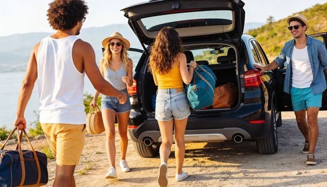 Group packing suv for lakeside road trip carrying duffels and backpacks during sunny summer