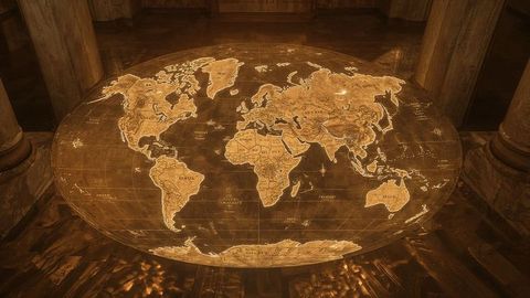Illuminated World Map in Historic Hall with Wooden Paneling