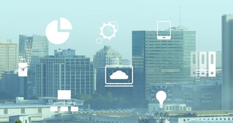 Innovative technology interface over city skyline