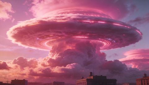 Neon mushroom cloud hovering over urban skyline at dawn with glowing saucer layers