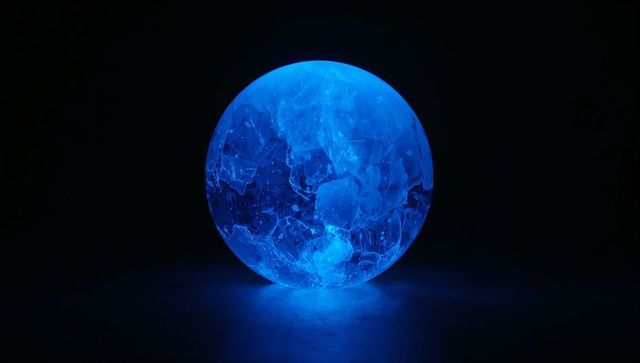 Glowing blue sphere with crystalline patterns emitting light