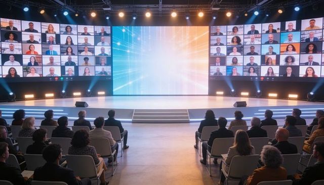 Hybrid conference stage presenting virtual attendees on large LED walls with seated audience