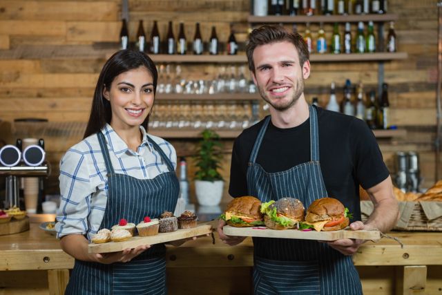 Two cafe employees, a man and a woman, are smiling and holding trays of cupcakes and burgers. They are standing behind the counter in a casual dining setting with a wooden background. This image can be used for promoting cafes, restaurants, hospitality services, or teamwork in food service.