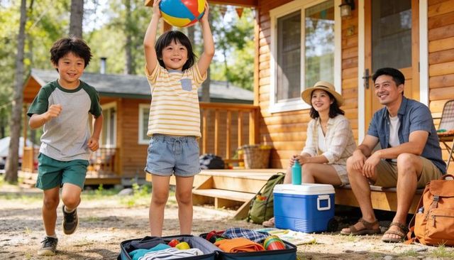 Family camping joy: kids playing beach ball on cabin porch, relaxing summer retreat