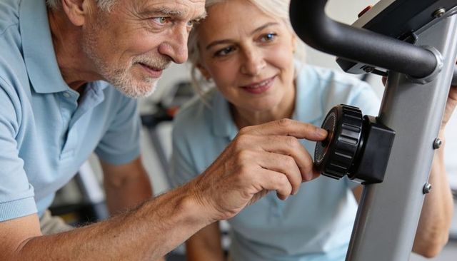 Senior couple adjusting resistance on stationary bike for active aging and cardio training